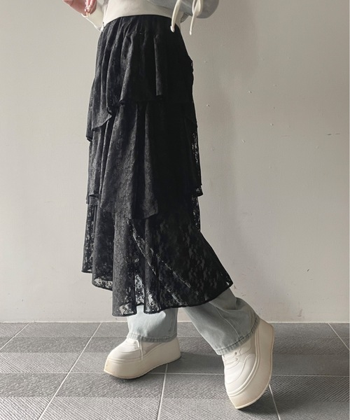 one way（ワンウェイ）の「レースイレヘムティアードスカート（スカート・レディース・ブラック/ホワイト・FREE）」の18枚目の写真