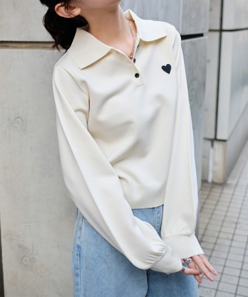 Rejoule（リジュール）の「ハート刺繍スポンディッシュポロニット（ニット/セーター・レディース・ブラック/アイボリー/ホワイト×ブラック・FREE）」の6枚目の写真