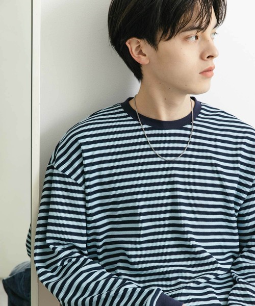 SENSE OF PLACE by URBAN RESEARCH(センスオブプレイスバイアーバンリサーチ)の「ワッフルボーダーロングTシャツ(Tシャツ/カットソー・メンズ・ブルー/ホワイト/オリーブ・MEDIUM/LARGE)」の3枚目の写真