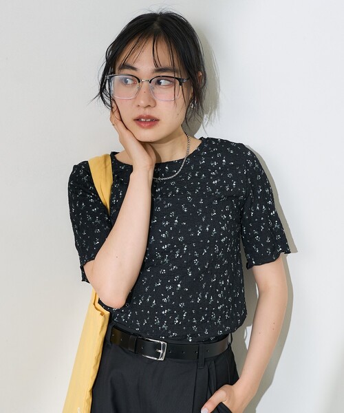 プリーツプリーズ トップス ブルー　リーフ　花　柄　シャツ　ブラウス ISSEY MIYAKE イッセイミヤケ PLEATS PLEASE プリーツプリーズ