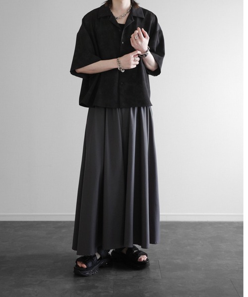 KUUUPY 短丈総柄オープンカラーシャツ　ブラック 半袖　シャツ　ブラック　L セール】Cropped Print Open Collar Shirt - 短丈総柄オープン