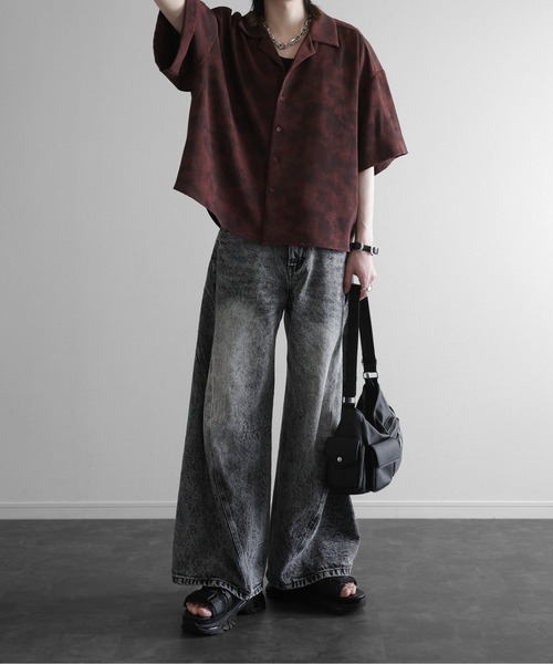 KUUUPY 短丈総柄オープンカラーシャツ　ブラック 半袖　シャツ　ブラック　L Cropped Print Open Collar Shirt - 短丈総柄オープンカラー
