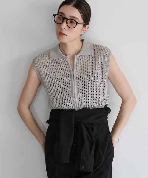 select MOCA(セレクトモカ)の「メッシュニットフロントジップトップス(ニット/セーター・レディース・ブラック/オフホワイト/グレー・FREE)」の3枚目の写真