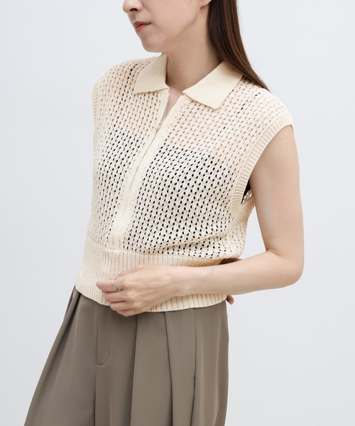 select MOCA(セレクトモカ)の「メッシュニットフロントジップトップス(ニット/セーター・レディース・ブラック/オフホワイト/グレー・FREE)」の1枚目の写真