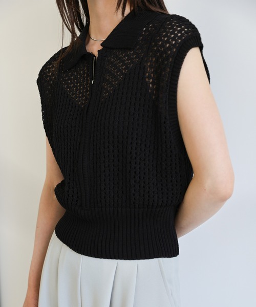 select MOCA(セレクトモカ)の「メッシュニットフロントジップトップス(ニット/セーター・レディース・ブラック/オフホワイト/グレー・FREE)」の19枚目の写真