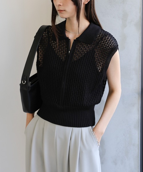 select MOCA(セレクトモカ)の「メッシュニットフロントジップトップス(ニット/セーター・レディース・ブラック/オフホワイト/グレー・FREE)」の21枚目の写真