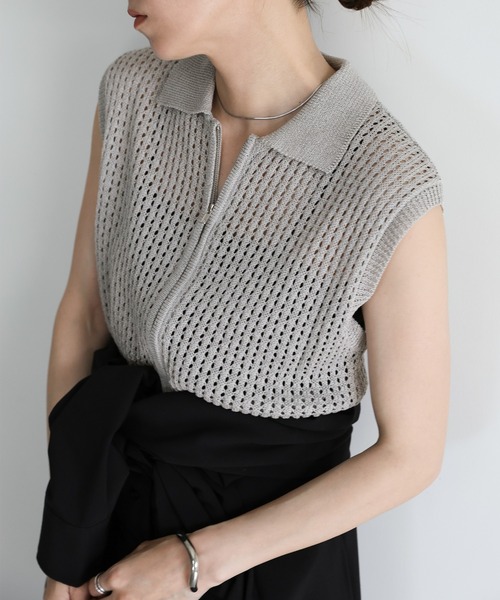 select MOCA(セレクトモカ)の「メッシュニットフロントジップトップス(ニット/セーター・レディース・ブラック/オフホワイト/グレー・FREE)」の16枚目の写真