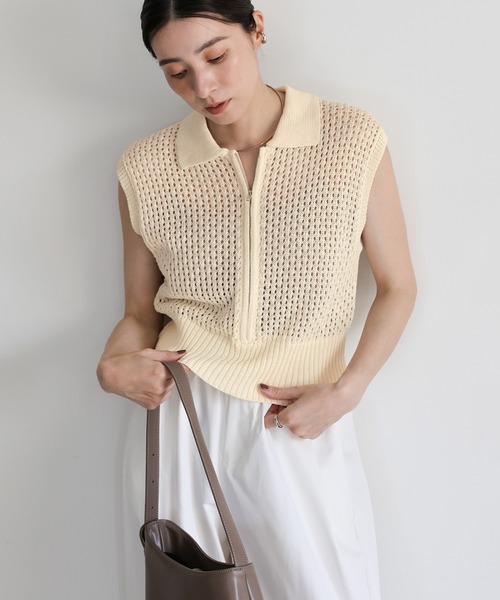 select MOCA(セレクトモカ)の「メッシュニットフロントジップトップス(ニット/セーター・レディース・ブラック/オフホワイト/グレー・FREE)」の8枚目の写真