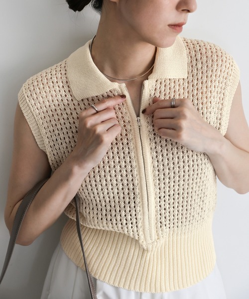 select MOCA(セレクトモカ)の「メッシュニットフロントジップトップス(ニット/セーター・レディース・ブラック/オフホワイト/グレー・FREE)」の7枚目の写真