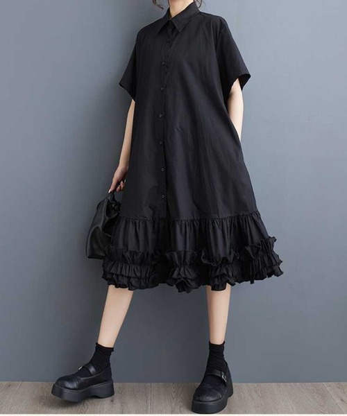 2Collar 半袖 Tシャツ ワンピース フレア Aライン ショート ミニ 長袖 七分袖 半袖 フレア Aライン ワンピース