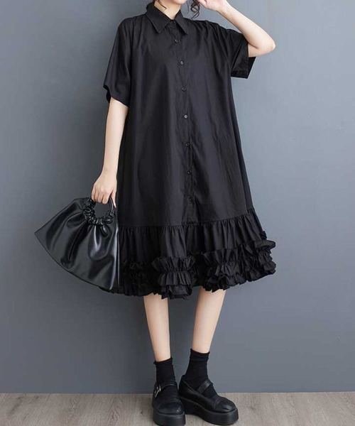 【SaturdayClub】半袖 裾フリル◇プリーツワンピース*送関込 異素材 裾フリル花柄 半袖 チュニック 3L 4L ワンピース