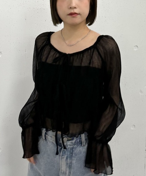 archives(アルシーヴ)の「シアー楊柳リボンブラウス(シャツ/ブラウス・レディース・ブルー/アイボリー/ブラック/ピンクベージュ・MEDIUM)」の3枚目の写真