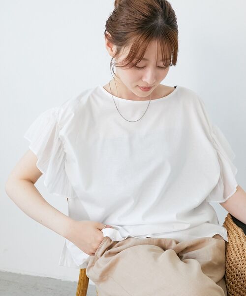 le.coeur blanc(ルクールブラン)の「《手洗い可能》コットンシルケットコンビカットプルオーバー(Tシャツ/カットソー・レディース・オフホワイト/モカ/ラベンダー/ブラック・38)」の2枚目の写真