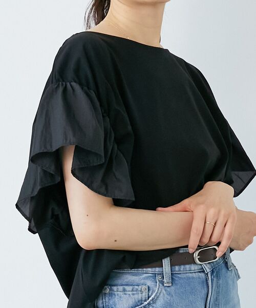 le.coeur blanc(ルクールブラン)の「《手洗い可能》コットンシルケットコンビカットプルオーバー(Tシャツ/カットソー・レディース・オフホワイト/モカ/ラベンダー/ブラック・38)」の3枚目の写真