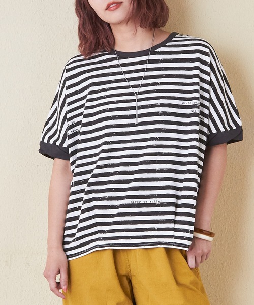 セール】かすれボーダープリント汗染み防止ドルマンTシャツ（T