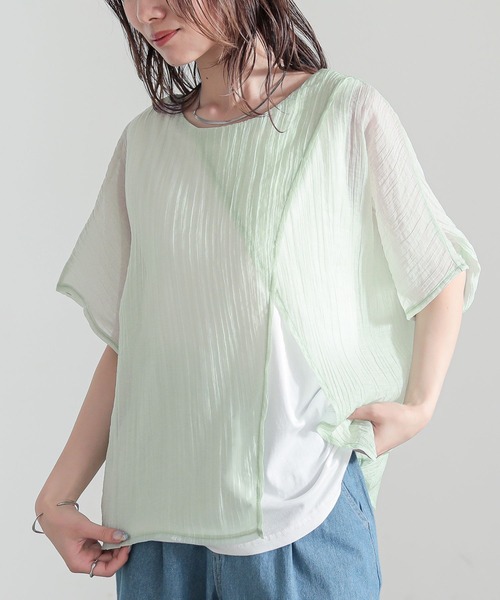 n'OrLABEL（ノアールレーベル）の「『レイヤード風異素材ドッキングカットソー』（Tシャツ/カットソー・レディース・チャコール/ライトグリーン/ネイビー・1/2）」の3枚目の写真