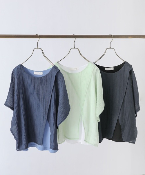 n'OrLABEL（ノアールレーベル）の「『レイヤード風異素材ドッキングカットソー』（Tシャツ/カットソー・レディース・チャコール/ライトグリーン/ネイビー・1/2）」の4枚目の写真