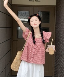 【URGE:】チェック柄 フリル ノースリーブ 半袖 ブラウス