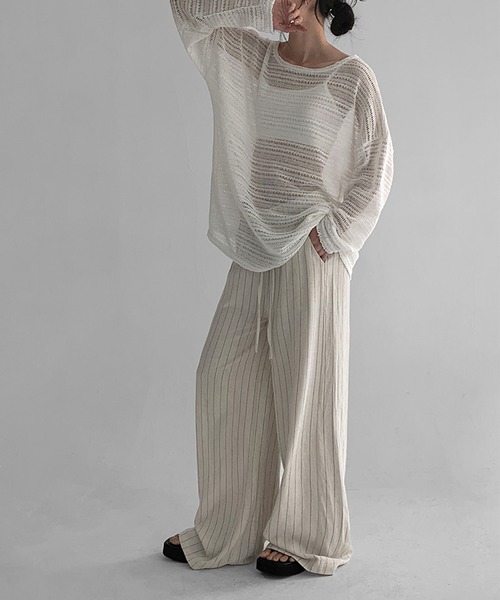 on:nue（オンニュ）の「【on:nue】[着用動画あり！/3色展開] リネンストライプワイドパンツ（その他パンツ・レディース・ブラック/ベージュ/ホワイト・FREE）」の3枚目の写真