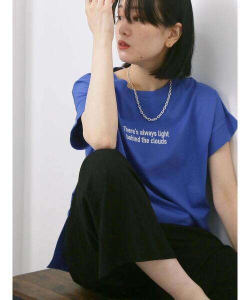 Samansa Mos2 blue(サマンサモスモスブルー)の「ロゴ刺繍フレンチスリーブTシャツ(Tシャツ/カットソー・レディース・ブルー/オフホワイト/ブラウン/オレンジ/ブラック・F)」の1枚目の写真
