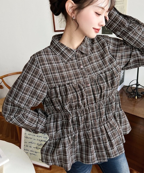 セール】シャーリングビスチェデザイン長袖チェックシャツ（シャツ