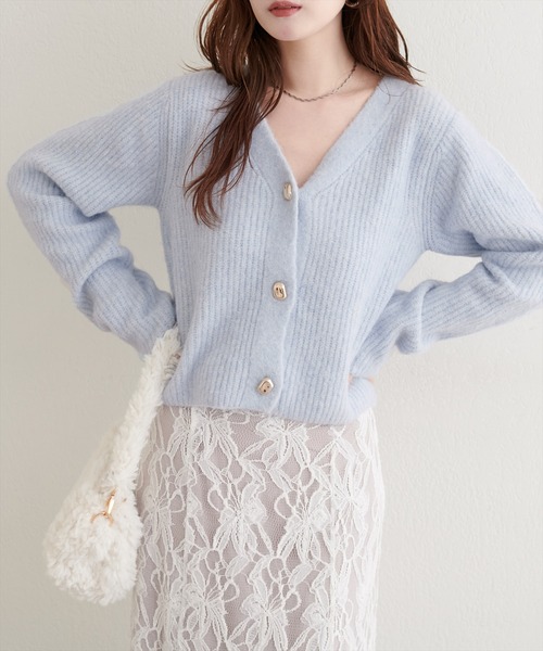 natural couture(ナチュラルクチュール)の「【WEB限定】ウール混片畦編みニットカーディガン(カーディガン/ボレロ・レディース・ネイビー/ラベンダー/ベージュ/オフホワイト/ライトグレー/サックスブルー・FREE)」の6枚目の写真