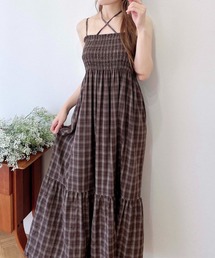 ホルターネックチェック柄シャーリングワンピース