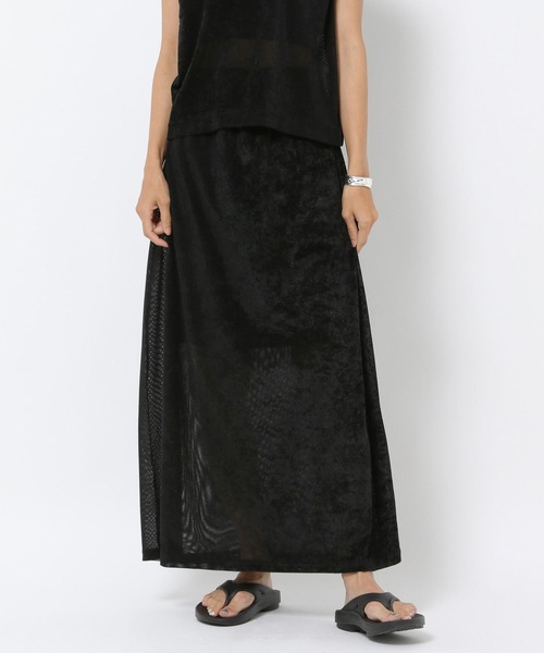 HEREIAM(ヘレイアム)の「【HEREIAM】夏トップス合わせで秋を先取り!メッシュベロアスカート(スカート・レディース・ブラック/カーキ・SMALL/MEDIUM)」の5枚目の写真