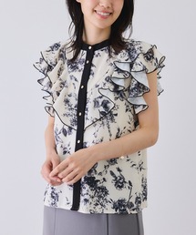 単色花ラッフルブラウス