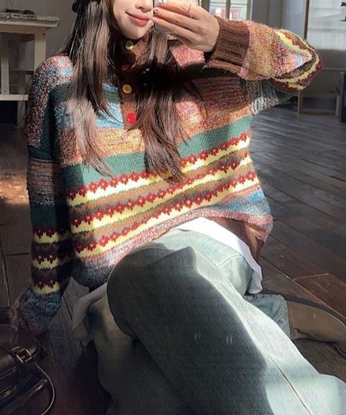 meJane（ミージェーン）の「ポロ襟 ジャガードニットプルオーバー（ニット/セーター・レディース・ブラウン系・FREE）」の5枚目の写真