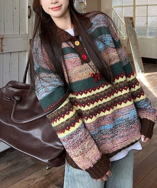 meJane（ミージェーン）の「ポロ襟 ジャガードニットプルオーバー（ニット/セーター・レディース・ブラウン系・FREE）」の3枚目の写真