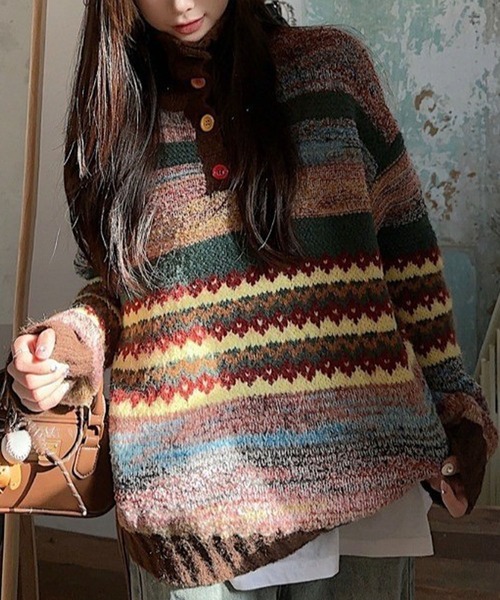 meJane（ミージェーン）の「ポロ襟 ジャガードニットプルオーバー（ニット/セーター・レディース・ブラウン系・FREE）」の4枚目の写真