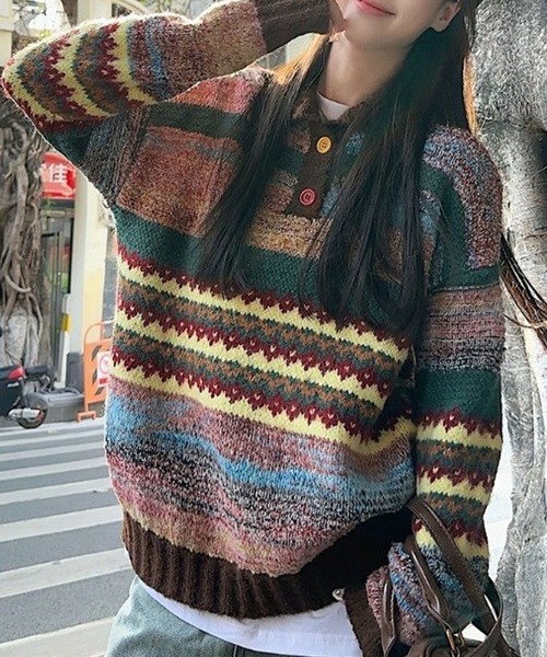 meJane（ミージェーン）の「ポロ襟 ジャガードニットプルオーバー（ニット/セーター・レディース・ブラウン系・FREE）」の2枚目の写真