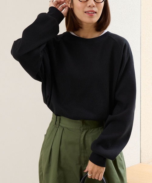 THE CRAFT CREW PRODUCTS(ザクラフトクループロダクツ)の「ラグランスリーブリンガーワッフルロングスリーブTシャツ<抗菌防臭>【THE CRAFT CREW PRODUCTS】(Tシャツ/カットソー・レディース・アイボリー/アイボリー系/カーキ/ブラック/ブラック系/ネイビー/チャコール/ライトグレー/グレイッシュベージュ・M/L)」の14枚目の写真
