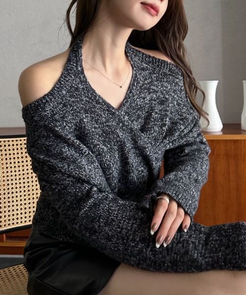Eclat one(エクラワン)の「【Eclat one】オフショルダー風 メランジ カシュクールニット(ニット/セーター・レディース・ブラック/ブラウン/ライトグレー・FREE)」の11枚目の写真