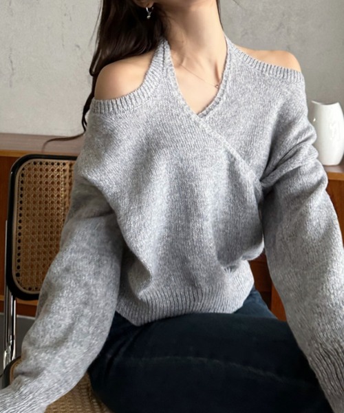 Eclat one(エクラワン)の「【Eclat one】オフショルダー風 メランジ カシュクールニット(ニット/セーター・レディース・ブラック/ブラウン/ライトグレー・FREE)」の13枚目の写真