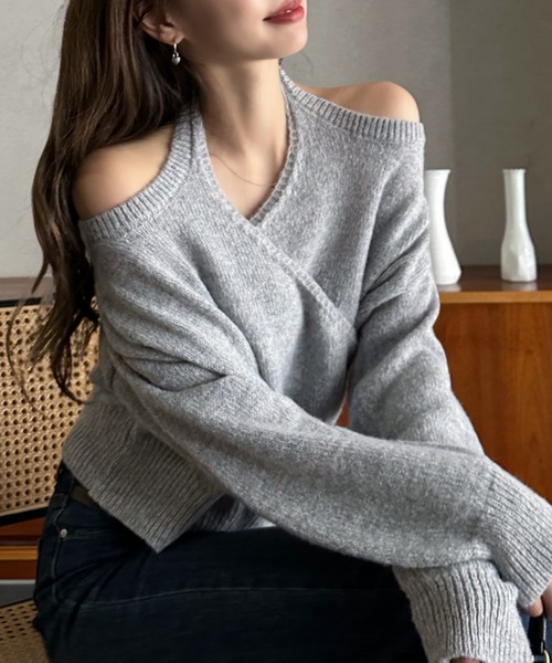 Eclat one(エクラワン)の「【Eclat one】オフショルダー風 メランジ カシュクールニット(ニット/セーター・レディース・ブラック/ブラウン/ライトグレー・FREE)」の14枚目の写真
