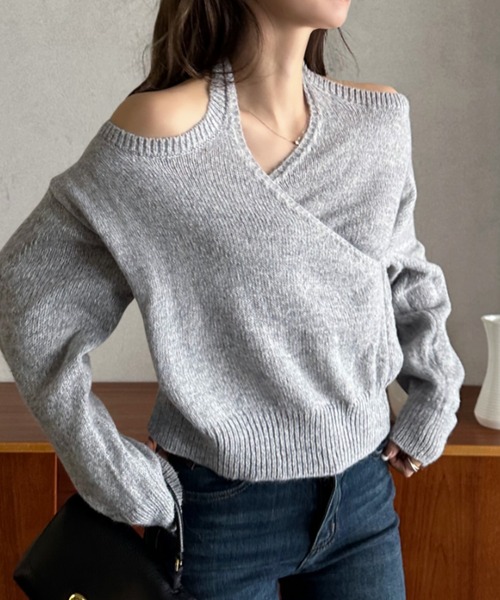 Eclat one(エクラワン)の「【Eclat one】オフショルダー風 メランジ カシュクールニット(ニット/セーター・レディース・ブラック/ブラウン/ライトグレー・FREE)」の15枚目の写真
