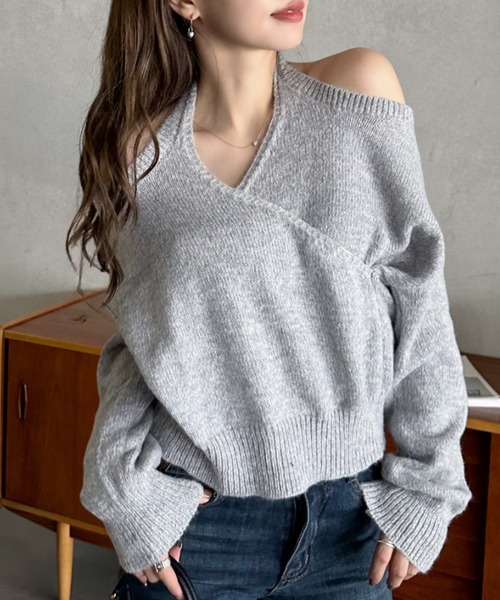 Eclat one(エクラワン)の「【Eclat one】オフショルダー風 メランジ カシュクールニット(ニット/セーター・レディース・ブラック/ブラウン/ライトグレー・FREE)」の16枚目の写真