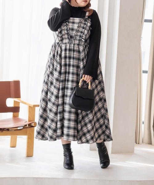 キャミワンピース グレー チェック柄 フリル　一度着用 CLETTEオリジナルフリルデザインチェック柄キャミワンピース