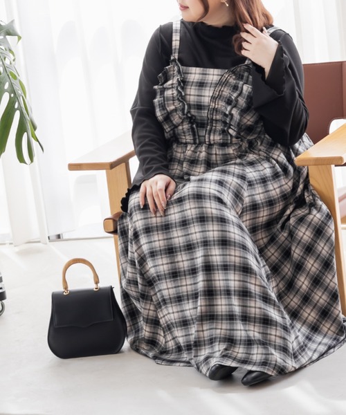 CLETTE（クレット）の「CLETTEオリジナルフリルデザインチェック柄キャミワンピース（ワンピース・レディース・ブラウン/アイボリー/ブルー・LL/3L/4L）」の7枚目の写真