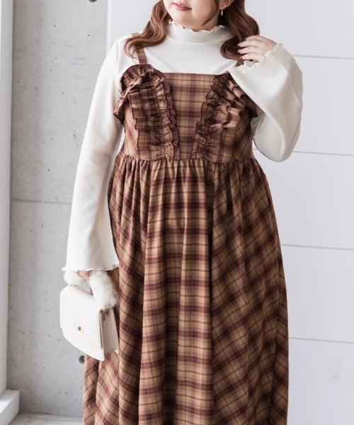 CLETTE（クレット）の「CLETTEオリジナルフリルデザインチェック柄キャミワンピース（ワンピース・レディース・ブラウン/アイボリー/ブルー・LL/3L/4L）」の12枚目の写真