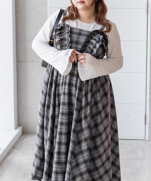 CLETTE（クレット）の「CLETTEオリジナルフリルデザインチェック柄キャミワンピース（ワンピース・レディース・ブラウン/アイボリー/ブルー・LL/3L/4L）」の19枚目の写真