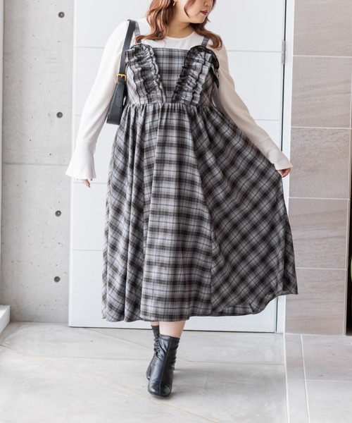 CLETTE（クレット）の「CLETTEオリジナルフリルデザインチェック柄キャミワンピース（ワンピース・レディース・ブラウン/アイボリー/ブルー・LL/3L/4L）」の16枚目の写真