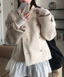 Aelina(エリナ)の襟付きダブルブレストポケット付きコート(ピーコート)