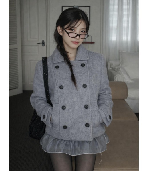 セール】襟付きダブルブレストポケット付きコート（ピーコート