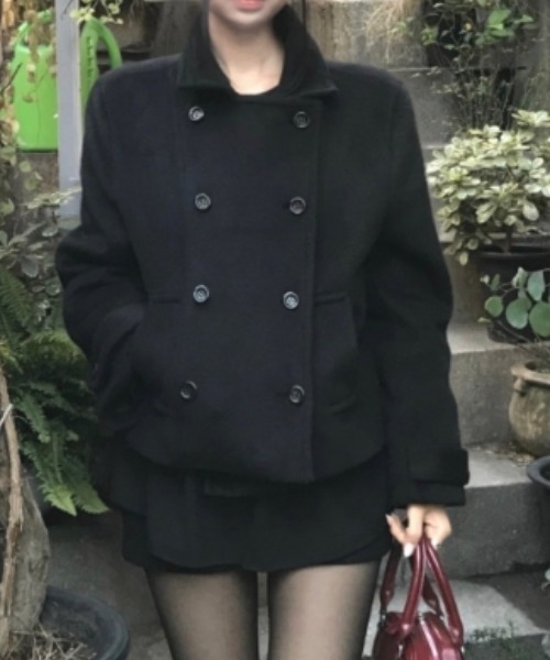【試着のみ】 襟付き ダブルブレスト ポケット付き コート ブラック セール】襟付きダブルブレストポケット付きコート（ピーコート