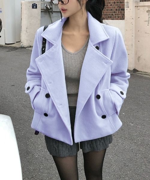 セール】襟付きダブルブレストポケット付きコート（ピーコート