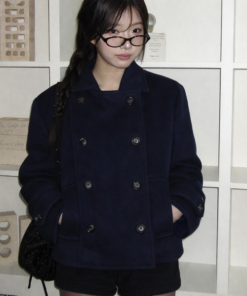 セール】襟付きダブルブレストポケット付きコート（ピーコート