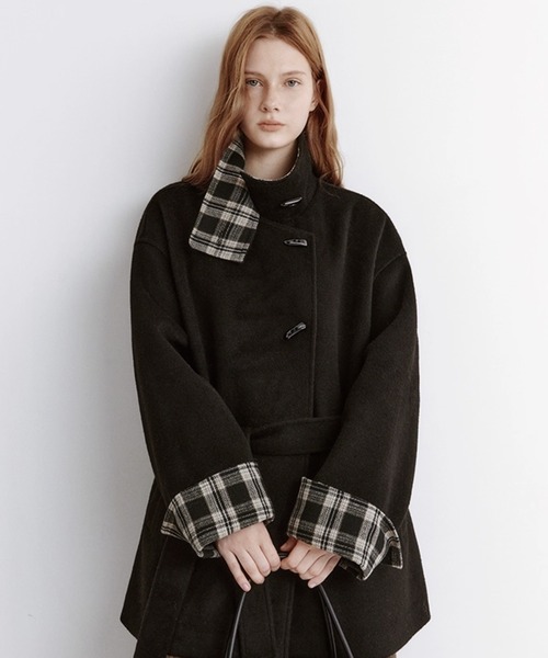 スタンドカラー チェック柄ライナー ウールハーフコート FD25W059